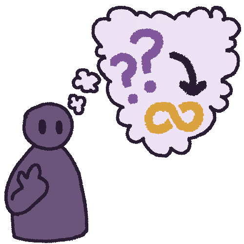 A drawing of a dark purple person pointing at themself. From their head is a pale purple thought bubble and in it is a purple question mark with an arrow pointing to an autism infinity symbol.